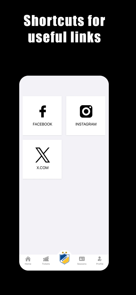 APOEL FC Wallet - APOEL FC Wallet app screen displaying shortcuts for Facebook, Instagram, and X social media pages.