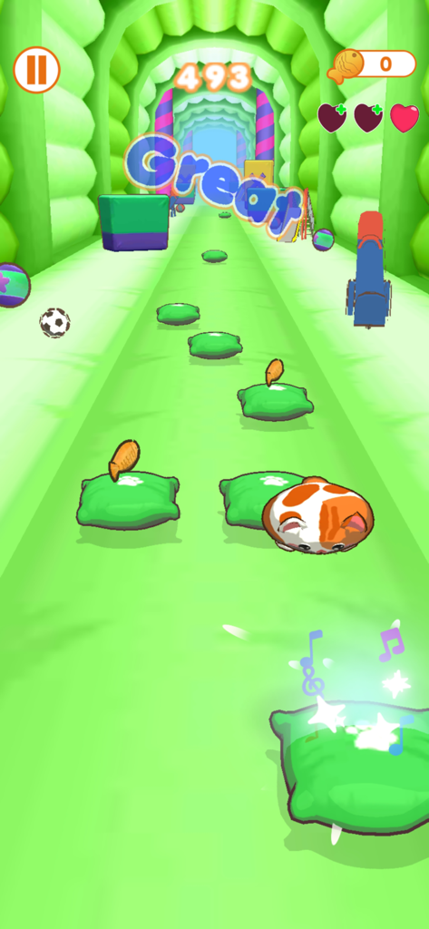 Cats HOP - A calico cat jumping on green cushions in the music rhythm game Cats HOP.
