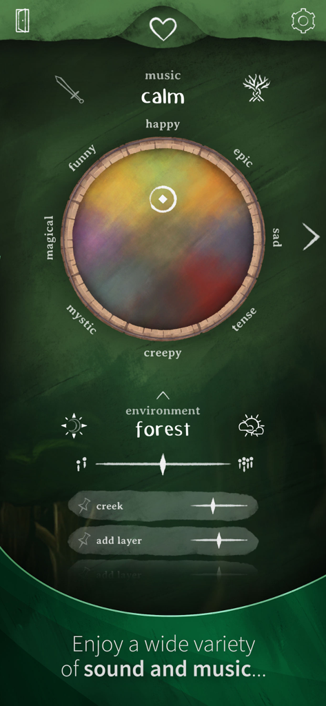 SoundTale app interface with a circular mood selector wheel and forest environment sound controls for RPG sessions