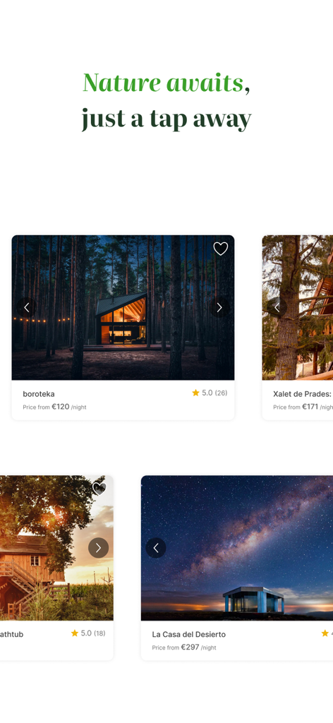AlohaCamp app interface showing unique nature stays including a forest cabin and a glass house under the stars