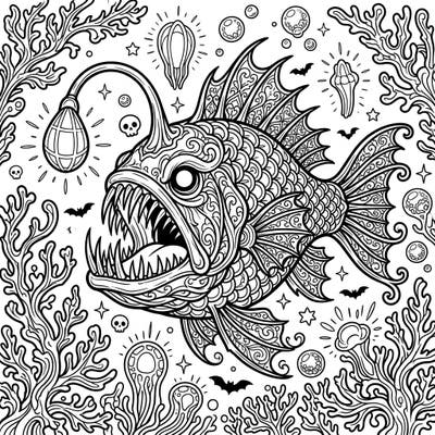 Dive into the mysterious depths with this stunning gothic deep-sea anglerfish coloring page. This intricate design promises a captivating challenge for adult colorists, blending marine wonder with dark elegance.