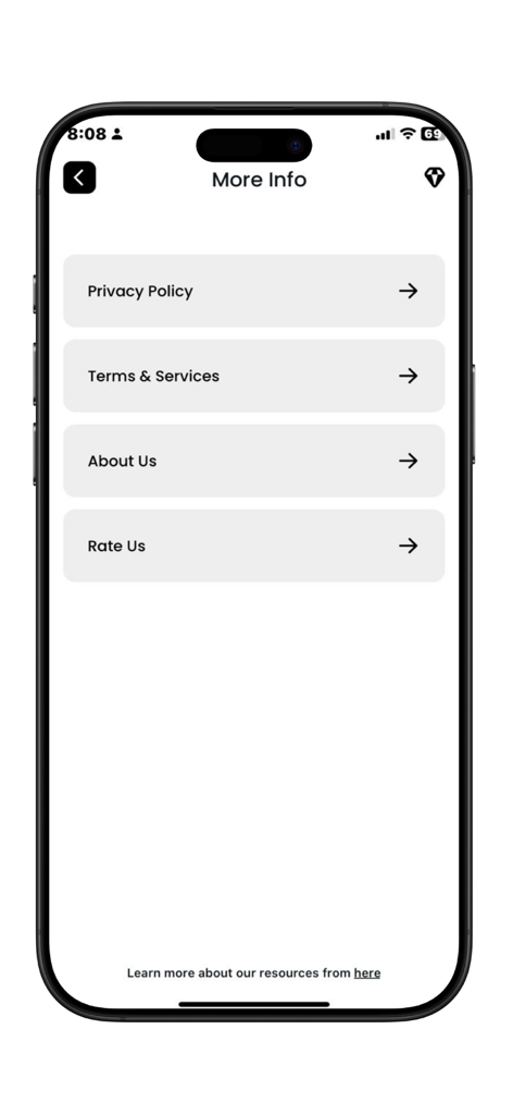 Personality Enneagram: IQ Test - 「性格エニアグラム」アプリの「詳細情報」画面。プライバシーポリシー、利用規約、会社概要、評価へのリンクが表示されます。