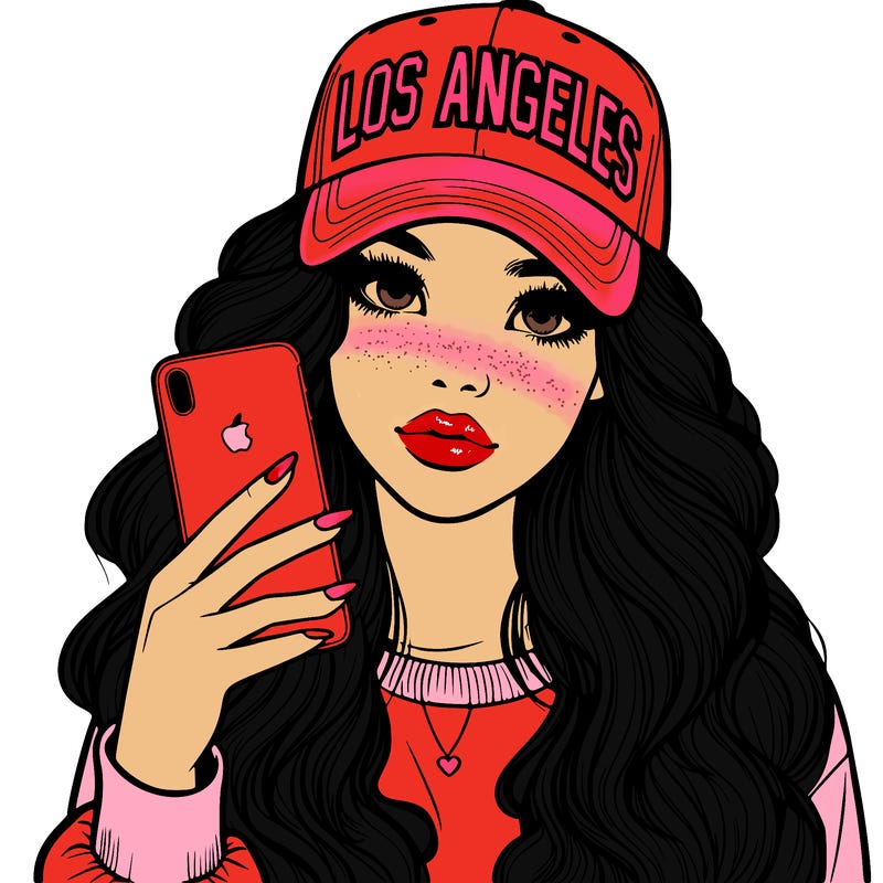 realistic beautiful girl wearing los ángeles cap holding an iphone