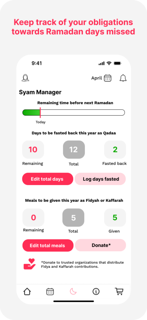 Afifa App: Muslim Women Health - Pantalla del Gestor de Syam de la aplicación Afifa que muestra los ayunos perdidos de Ramadán y el seguimiento de donaciones de caridad para mujeres musulmanas.