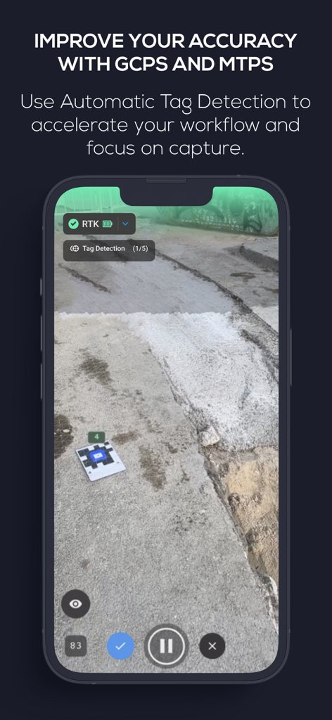 PIX4Dcatch: 3D scanner - PIX4Dcatch app interface showing automatic tag detection of ground control points for high precision 3D scanning