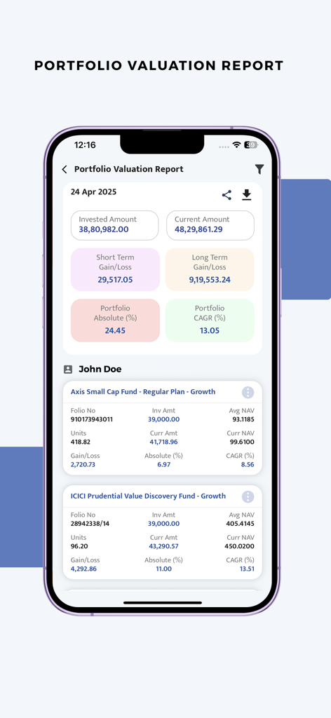 Prudent Partner Desk - Tela do aplicativo de consultor financeiro mostrando um relatório detalhado de avaliação de portfólio de clientes