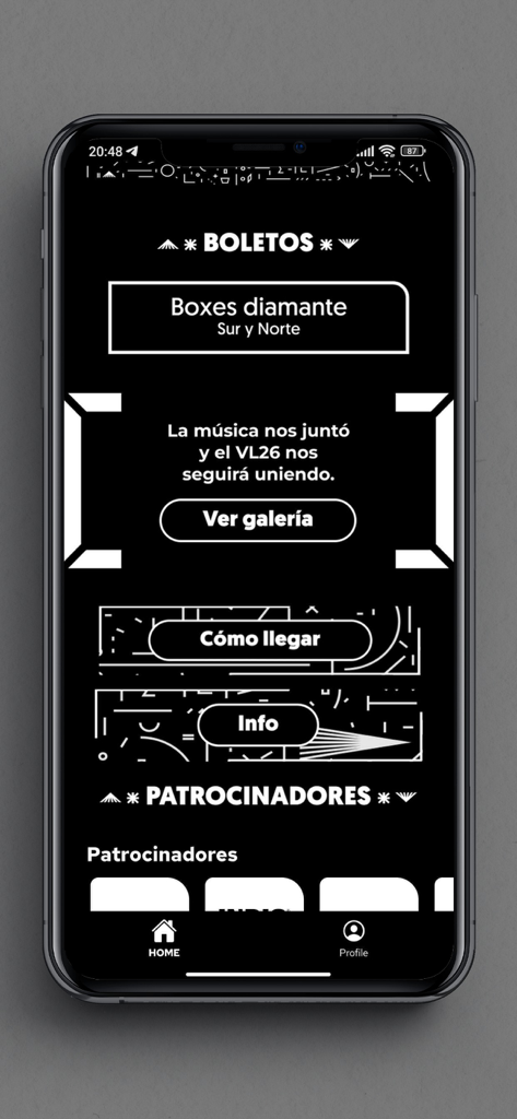 Vive Latino - Pantalla de inicio de la aplicación del festival Vive Latino que muestra secciones de información de entradas y detalles de eventos en español