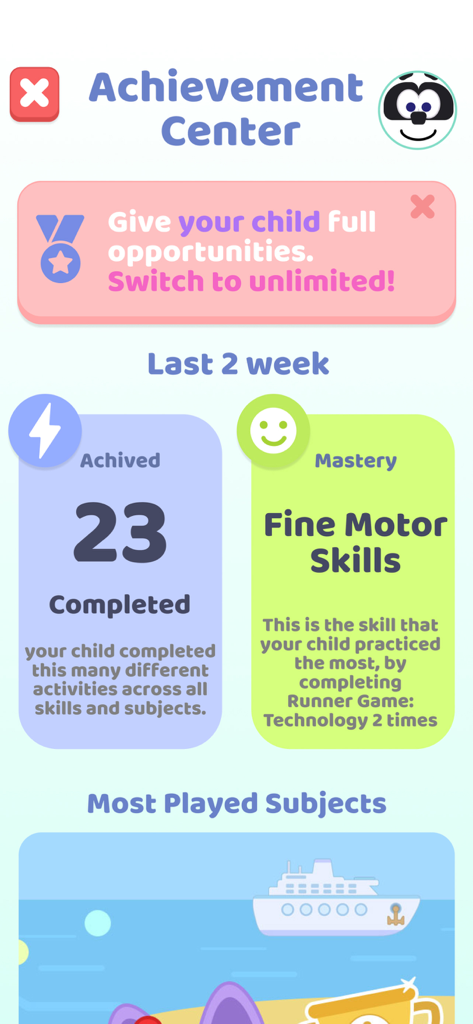 Smart Kids: Learning Games - Parent dashboard in the Smart Kids app showing child learning progress and achievements