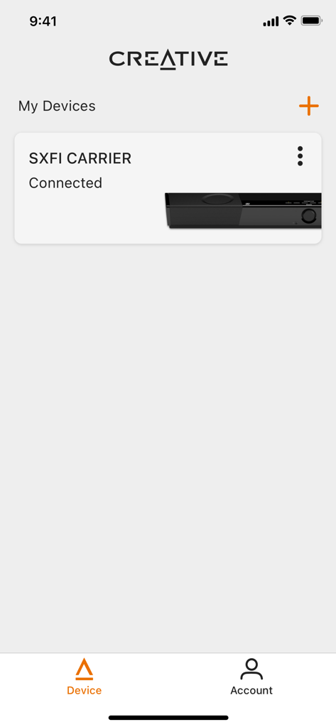 Creative app My Devices screen showing a connected SXFI CARRIER soundbar