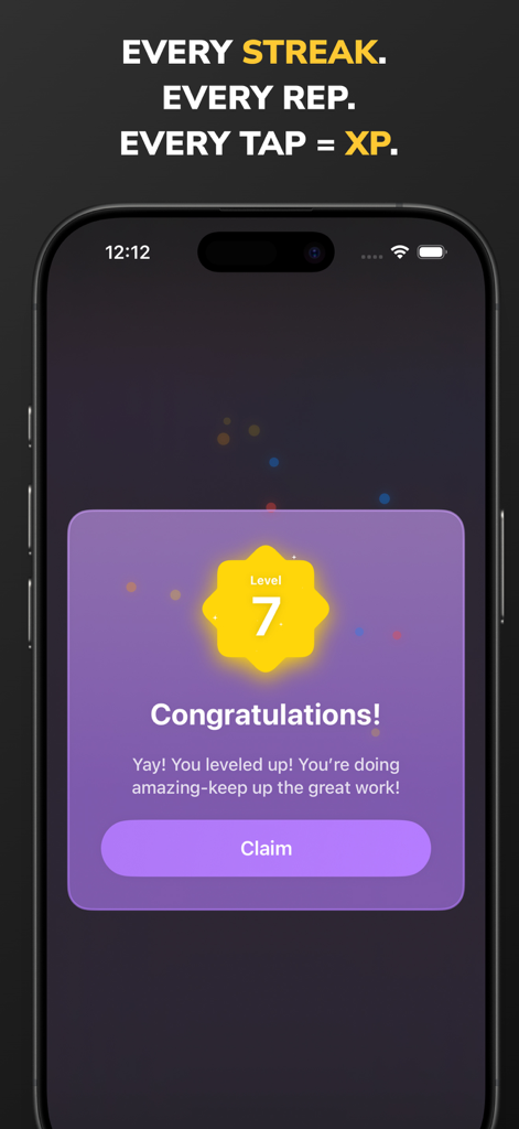 Habit Tracker - Mindle - Mindle Habit Tracker App-Bildschirm, der eine Level-Up-Benachrichtigung mit einer Glückwunschbotschaft zeigt.