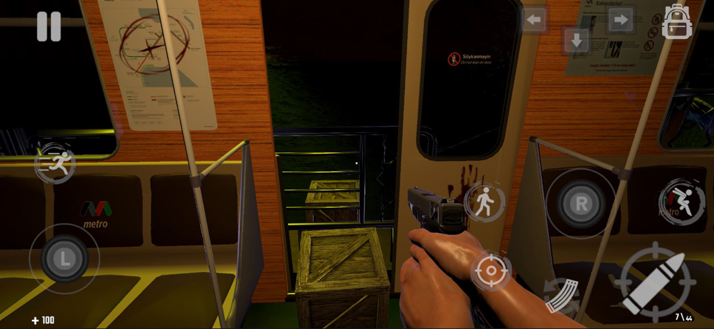 The Last Station - Baku - First person view of a character holding a gun inside a dark subway car with bloody handprints