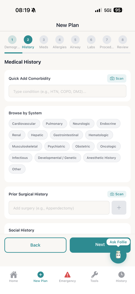 Follie - Anesthesia Assistant - The Follie app interface for entering patient medical history and comorbidities categorized by body systems.