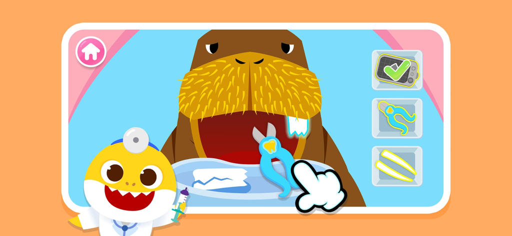 Baby Shark Dentist Play: Game - Juego de dentista de Baby Shark mostrando un personaje de morsa recibiendo atención dental para un colmillo roto