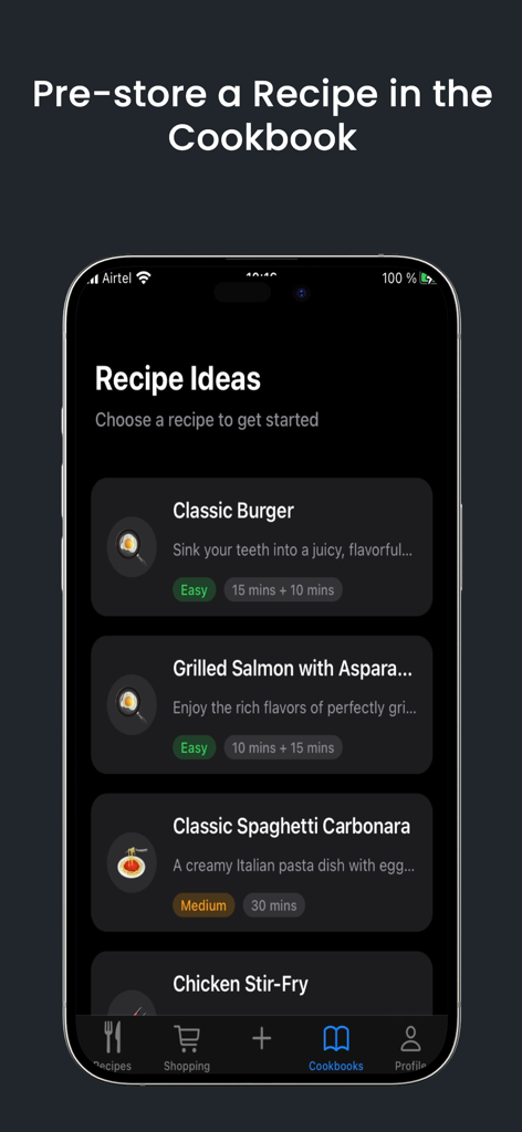 Recipe Book : Plan & Organize - Pantalla de un smartphone de la aplicación Recipe Book mostrando ideas de comidas y tiempos de cocción