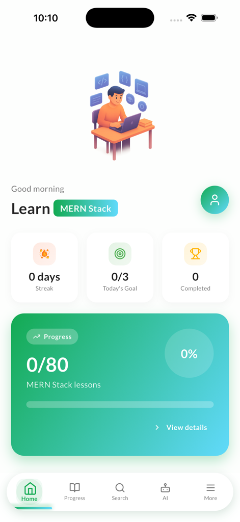 La pantalla de inicio de la aplicación Learn MERN Stack con un panel de progreso con rachas de aprendizaje y seguimiento de lecciones.