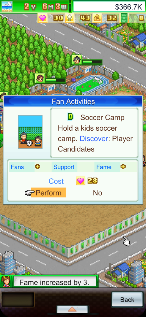 Pocket League Story - Menu Attività dei Tifosi di Pocket League Story che mostra un evento Campo di Calcio
