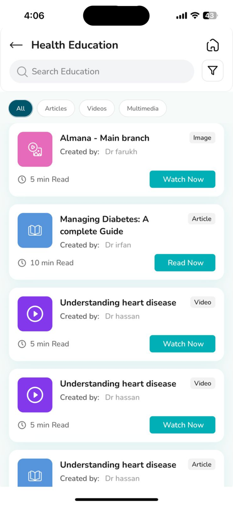 Almana | المانع - Almanaアプリの健康教育セクションを表示するモバイル画面。様々な医療記事やビデオが含まれています。