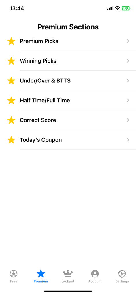 Premium sections menu in Soccer Platform app showing expert football picks and analysis