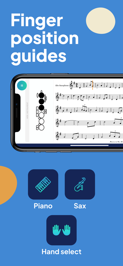 Sheet Music Reader Halbestunde - サックスとピアノの楽器選択のための指位置ガイドを示す楽譜リーダーアプリのインターフェイス