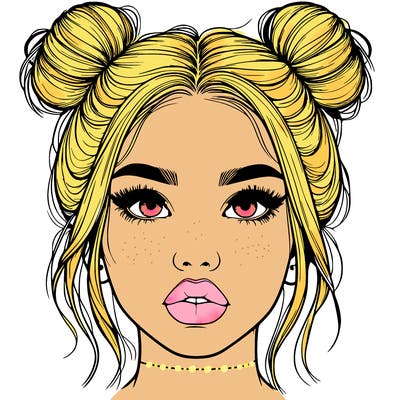realistic girl with two buns on her hair and lips