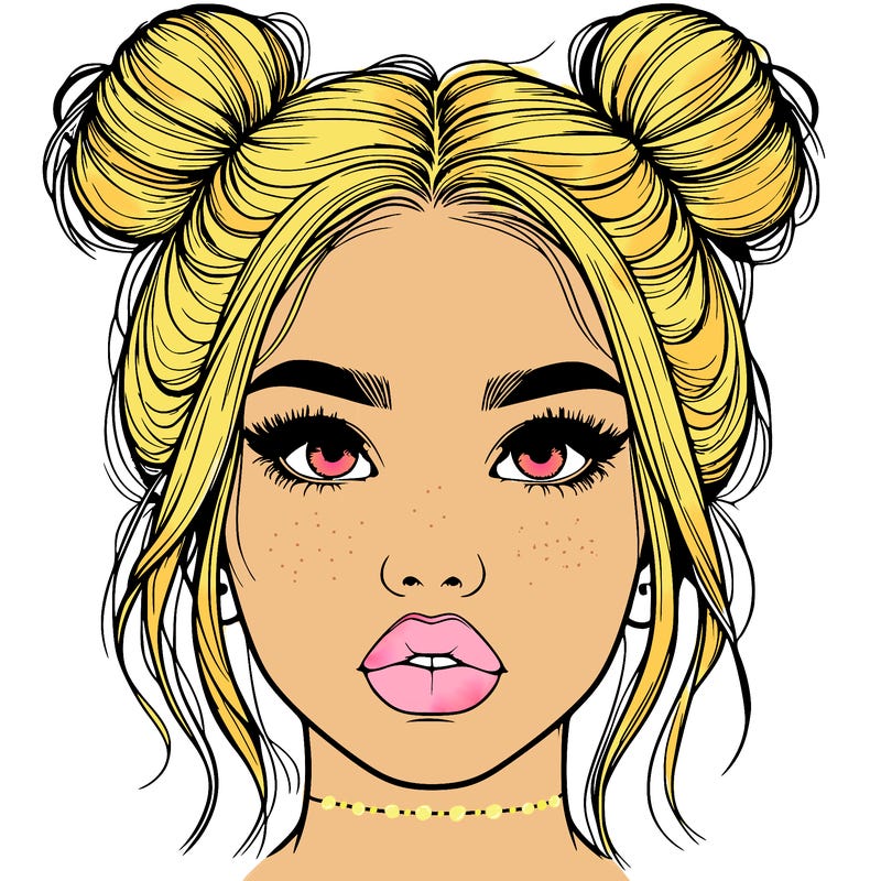 realistic girl with two buns on her hair and lips