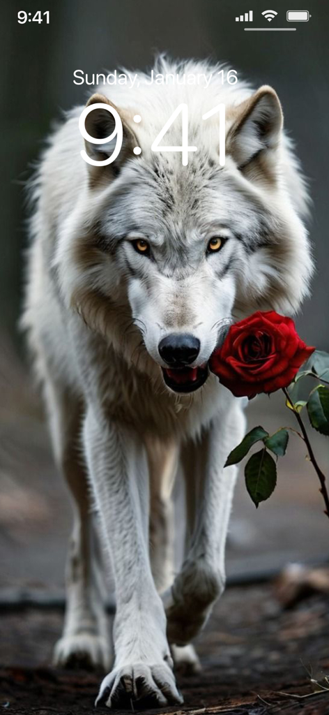 Lone Wolf Wallpapers 4K - A white wolf holding a red rose in its mouth as a high resolution smartphone lock screen wallpaper