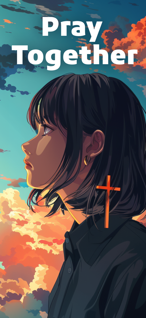 AI Pastor: Christian Chat,Talk - Ilustración estilo anime de una joven con un pendiente de cruz mirando un cielo al atardecer con el texto Reza Juntos