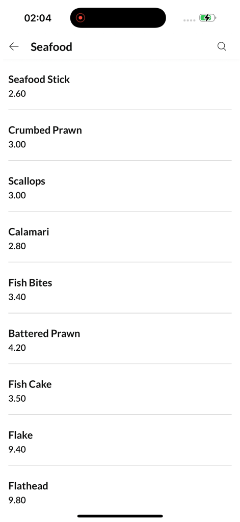 Seafood menu list with item prices in the VINNS Takeaway app interface