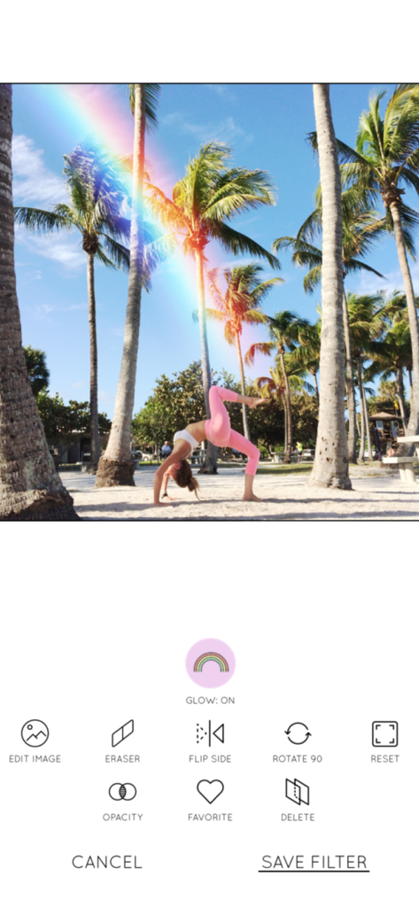 Rainbow Love - Yoga photo on a beach with rainbow filter and editing tools in the Rainbow Love app