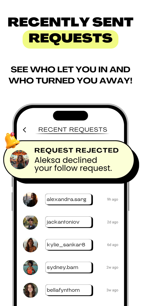Report King Followers Tracker - Screenshot of Report King app showing recently sent Instagram follow requests and a notification for a declined request.