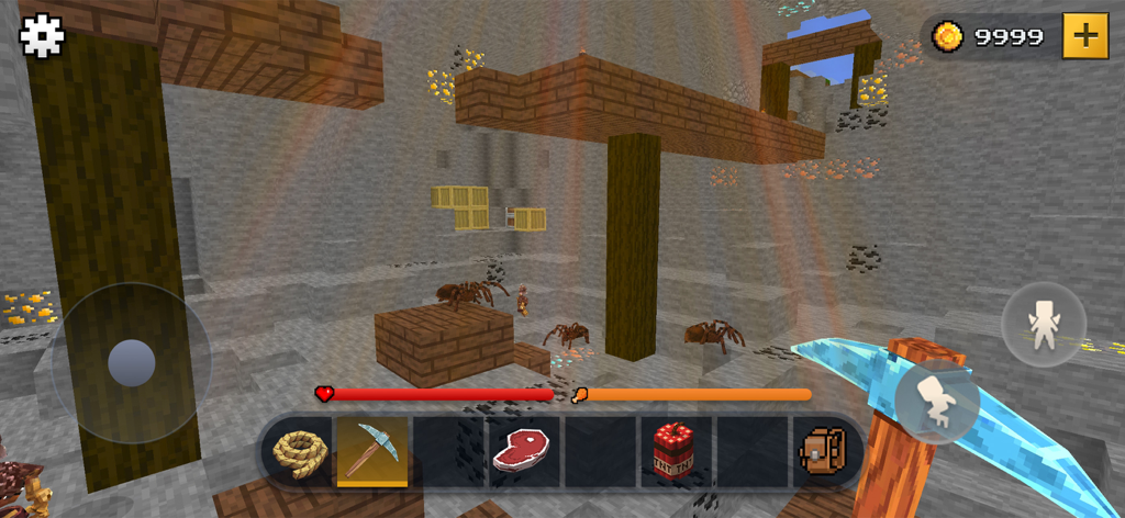 Block Craft World Sandbox - First person view of survival mode in a blocky cave with spiders and a pickaxe
