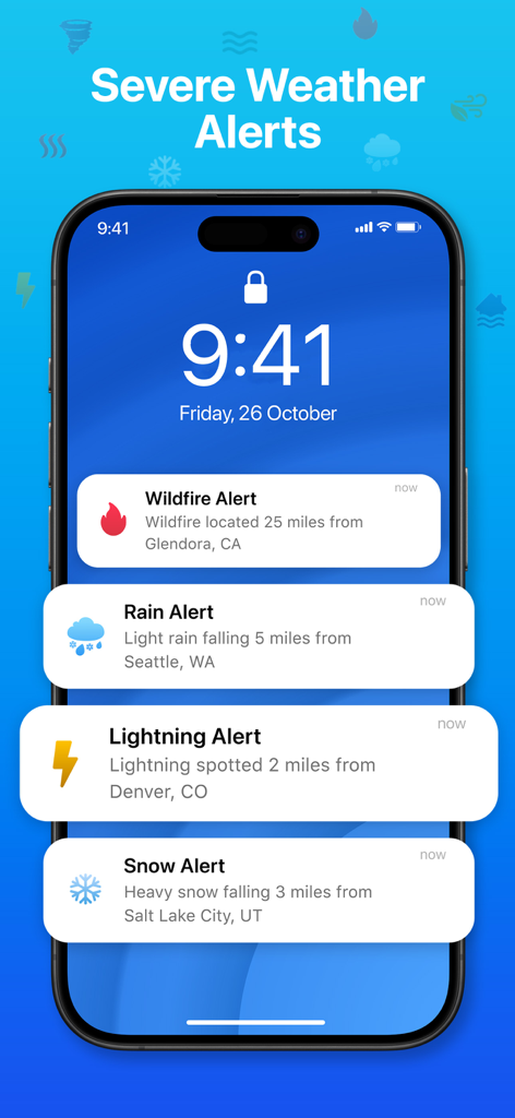 Pantalla de bloqueo del smartphone que muestra notificaciones de clima severo para alertas de incendios forestales, lluvia, rayos y nieve.