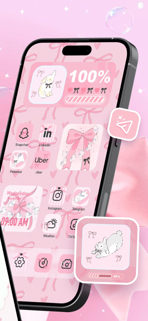 Pantalla de inicio de iPhone con estética rosa que presenta widgets de conejitos personalizados e iconos de estilo coquette