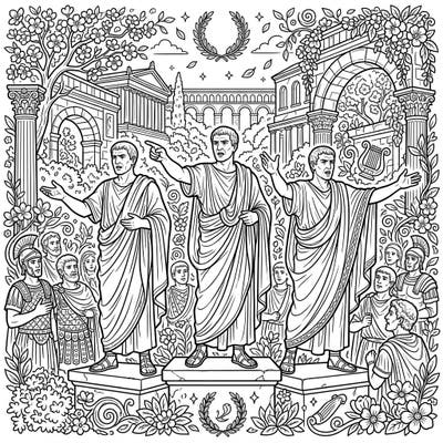 Immerse yourself in ancient Rome with this captivating coloring page featuring Roman Orators delivering powerful speeches. The scene is beautifully framed by lush spring foliage and classical architecture, inviting you to bring history to life.