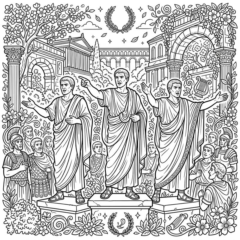 Immerse yourself in ancient Rome with this captivating coloring page featuring Roman Orators delivering powerful speeches. The scene is beautifully framed by lush spring foliage and classical architecture, inviting you to bring history to life.