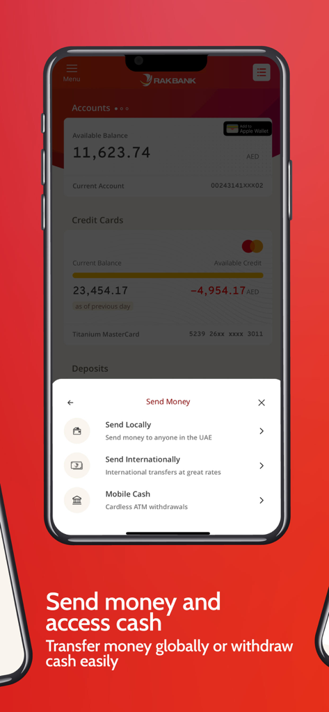 RAKBANK mobile app interface showing options for local and international money transfers and mobile cash withdrawals