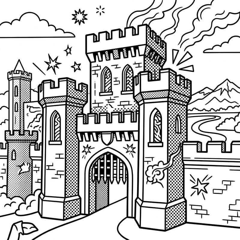 Step into a vibrant world with this stunning Pop Art Gatehouse Castle coloring page. Explore a unique blend of medieval architecture and modern artistic flair, perfect for all ages.