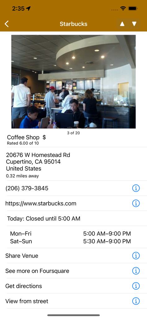 Coffee Land - Un perfil detallado de cafetería en la aplicación Coffee Land que muestra la calificación, dirección, horario de apertura e información de contacto de una ubicación de Starbucks.