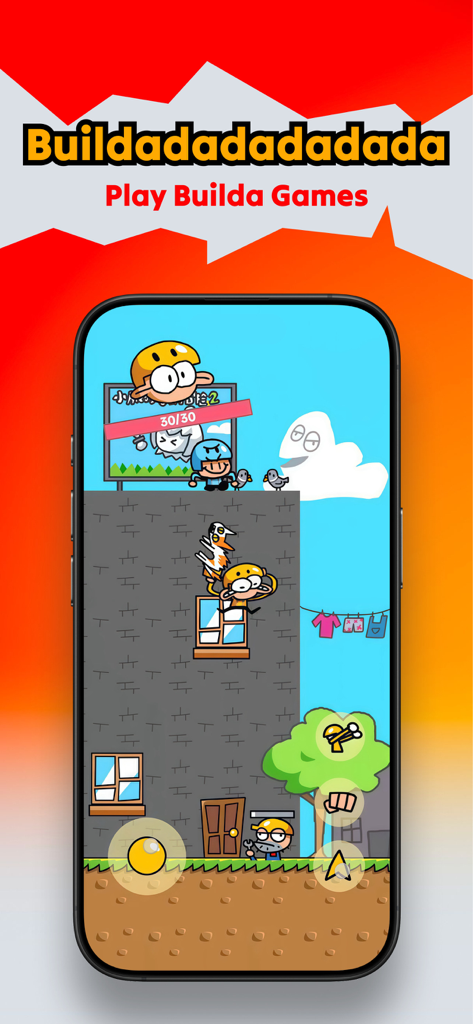 Builda: Create & Play Games - Buildaアプリのゲームプレイ画面。オリジナルキャラクターが登場するカートゥーン調の2Dプラットフォーマーが表示されている