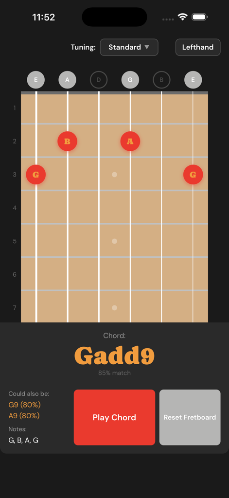 ChordSpotter - ChordSpotter app screen identifying a Gadd9 guitar chord on a virtual fretboard