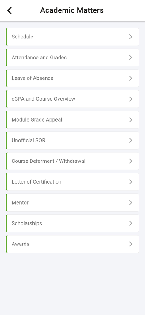 RP SNApp Academic Matters screen displaying links for student schedules and grades