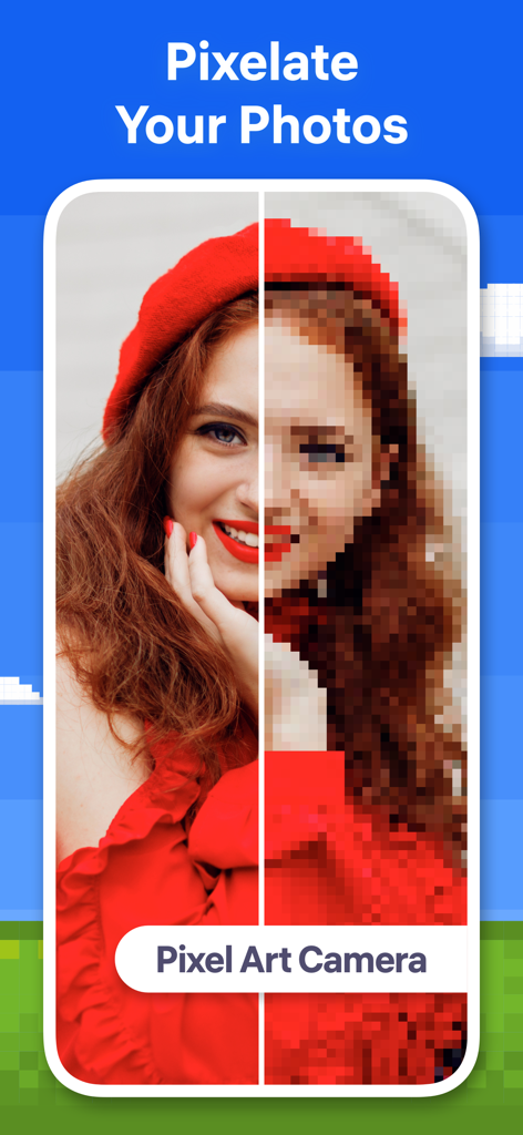 Pixel Art － Color by Number - Demonstração em tela dividida do recurso Câmera Pixel Art convertendo um retrato em arte pixelada