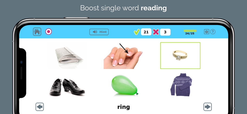 Comprehension Therapy - Screenshot of the Comprehension Therapy app interface showing a single word reading exercise with real photos