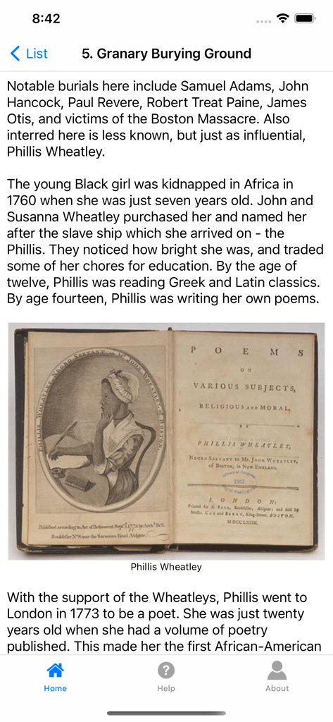 Historic Boston - Historical information screen about Phillis Wheatley at the Granary Burying Ground in the Historic Boston app.