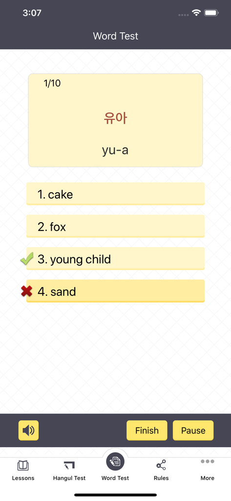 Happy Learn Korean Alphabets - Interface of the Happy Learn Korean Alphabets app showing a multiple-choice word translation test.