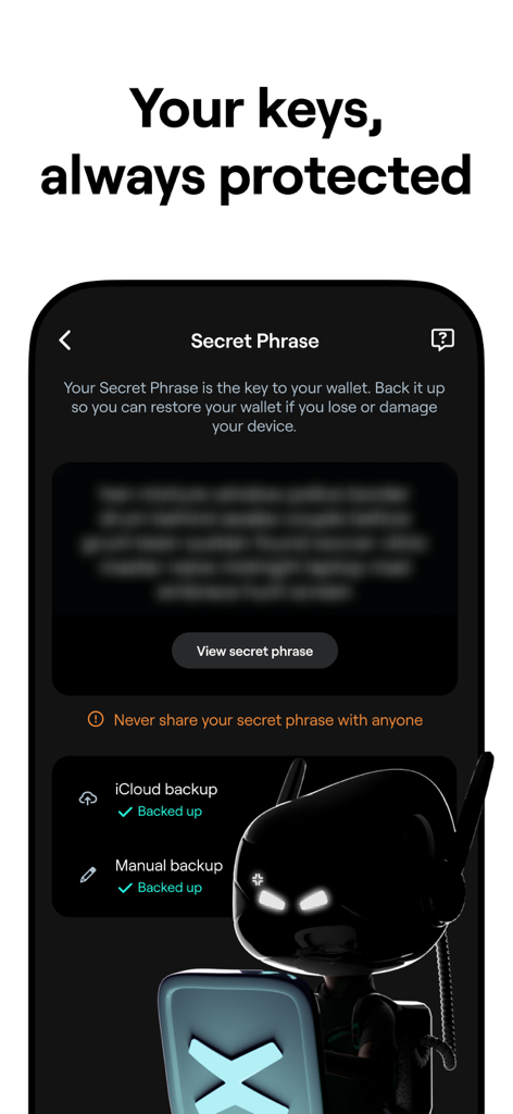 xPortal app interface showing secret phrase protection and wallet backup options for secure crypto management
