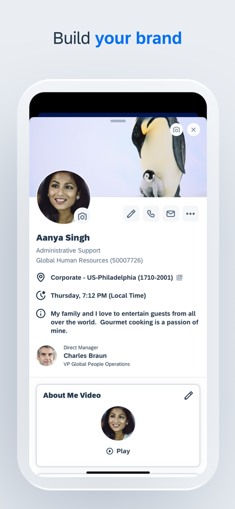 An employee profile screen in the SAP SuccessFactors Mobile app showing a user bio and personalized content under the title Build your brand.