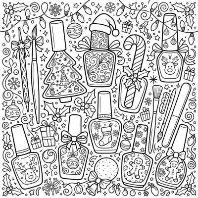 Celebrate the holidays with this unique Christmas Nail Polish coloring page, packed with festive bottles and charming manicure tools. Discover a delightful array of seasonal designs, from gingerbread men to sparkling snowflakes, ready for your creative touch.