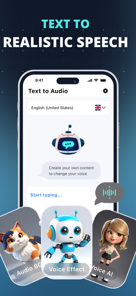 Smartphone screen showing the text to realistic speech feature in the AI Voice Changer app with character icons