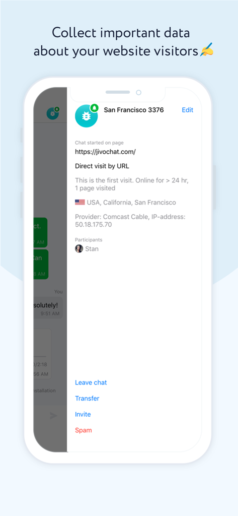 JivoChat interface displaying real-time data and location for a website visitor